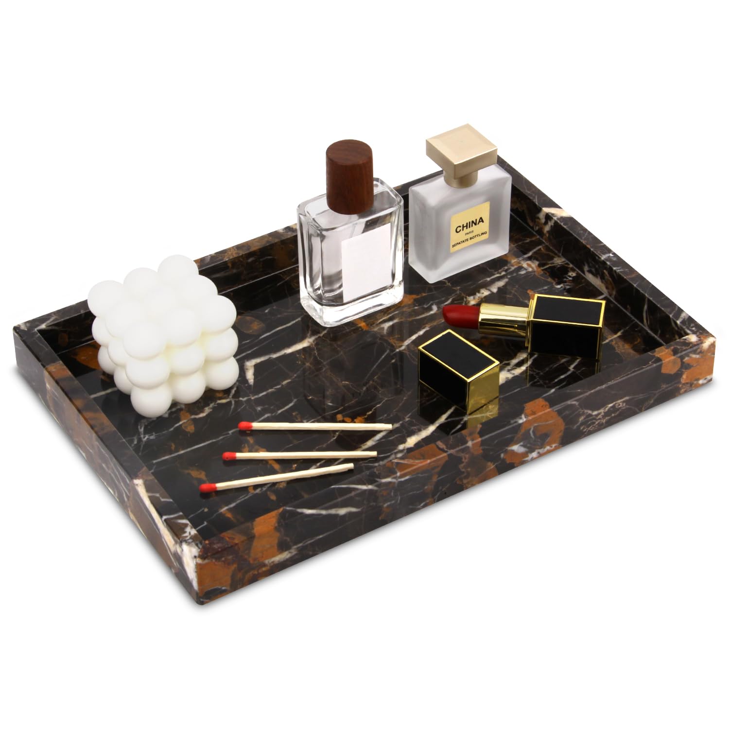 Photo 1 of Marble Bathroom Vanity Tray, Natural Luxury Vanity Home Kitchen Bathroom Table Tray, Stone Decorative Countertop Dresser Trays for Key Coffee Perfume Jewelry Makeup (Black Gold, 12"x 8" x1.2")