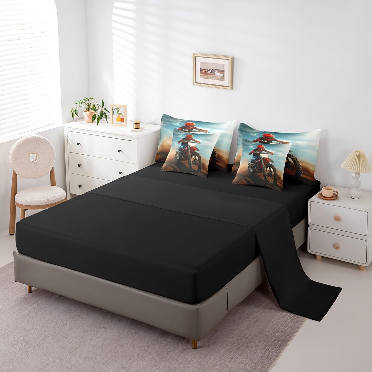 Loussiesd Motocross Rider Letto Trapuntato Extreme Sports Theme Piumino Letto Con Lenzuola 7 Pezzi 200x200cm(7-piece Set) Motocicletta Modello Lenzuola Copertura Decorazione Camera Dirt Bike Con