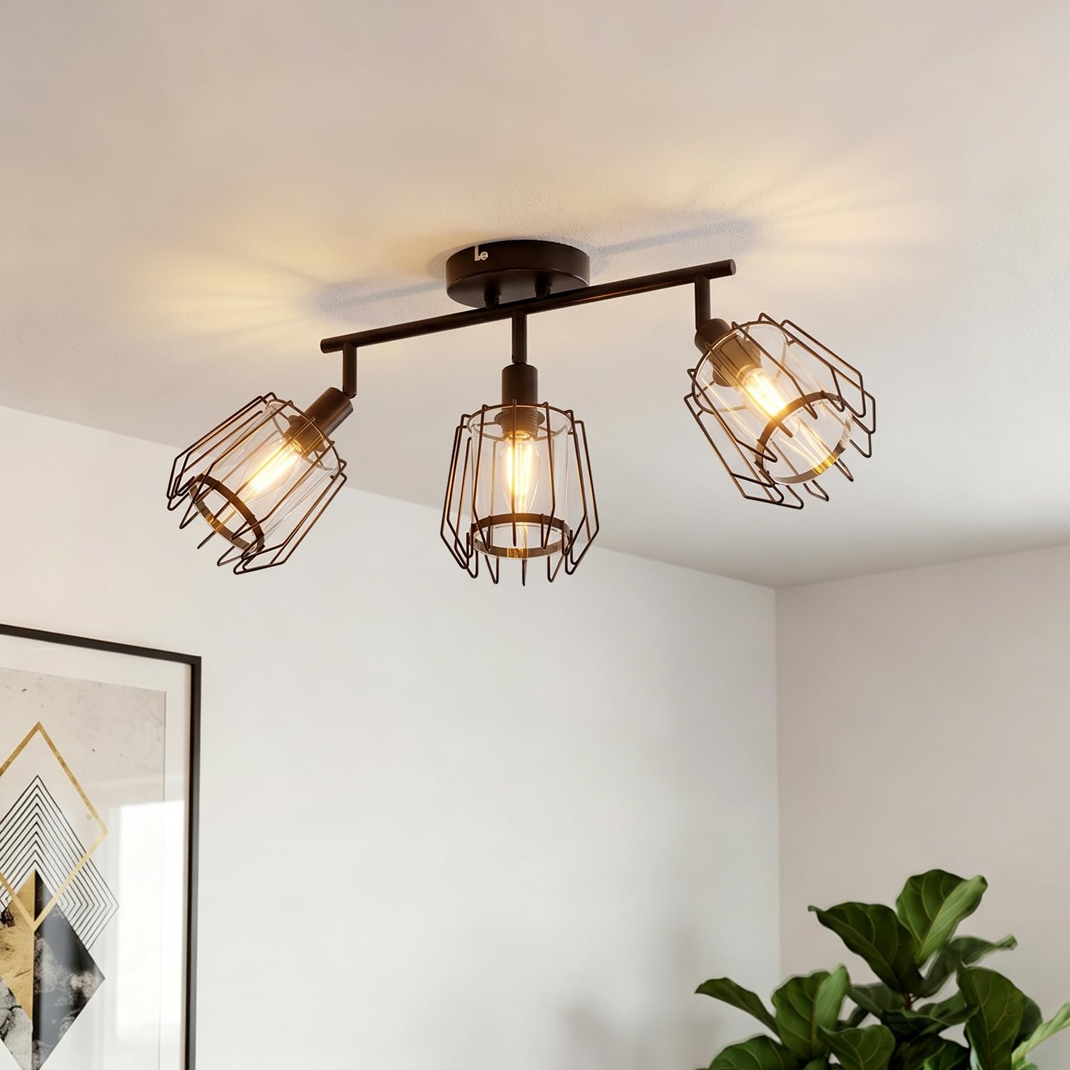 LVWIT Lampara Techo Con 3 Focos,Focos LED Interior Techo Giratorios E14, Lámparas de Techo Negro con Pantalla de Acrílico,Foco de Interior Iluminación para Dormitorio,Pasillo, Recibidor(Sin Bombilla)