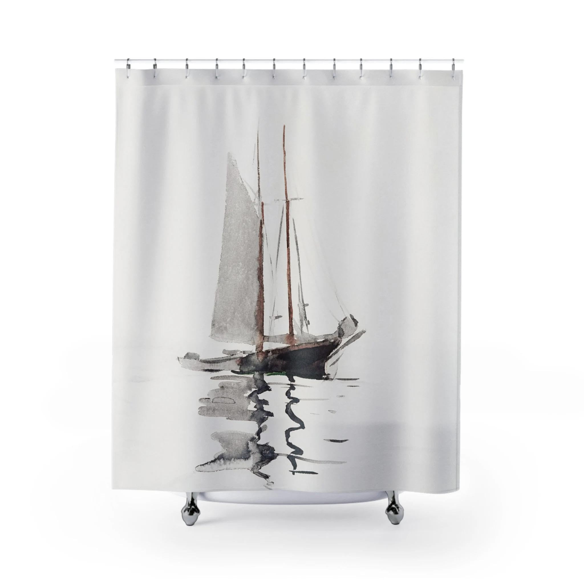 Duschvorhang mit Segelboot-Motiv,Badezimmerdekor mit Meeresküstenmotiv,maritimer minimalistischer Duschvorhang aus weißem Polyestergewebe mit 12 Haken,200 x 200 cm (B x H)