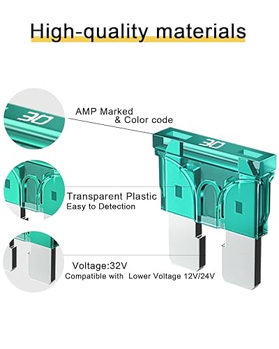 Miniatura 4 de 50 fusibles estándar de 30 A para automóvil, fusibles automotrices de 30 amperios (ATOAPRATS), fusible de hoja de 32 V (1224 V) para RVcamiónSUV