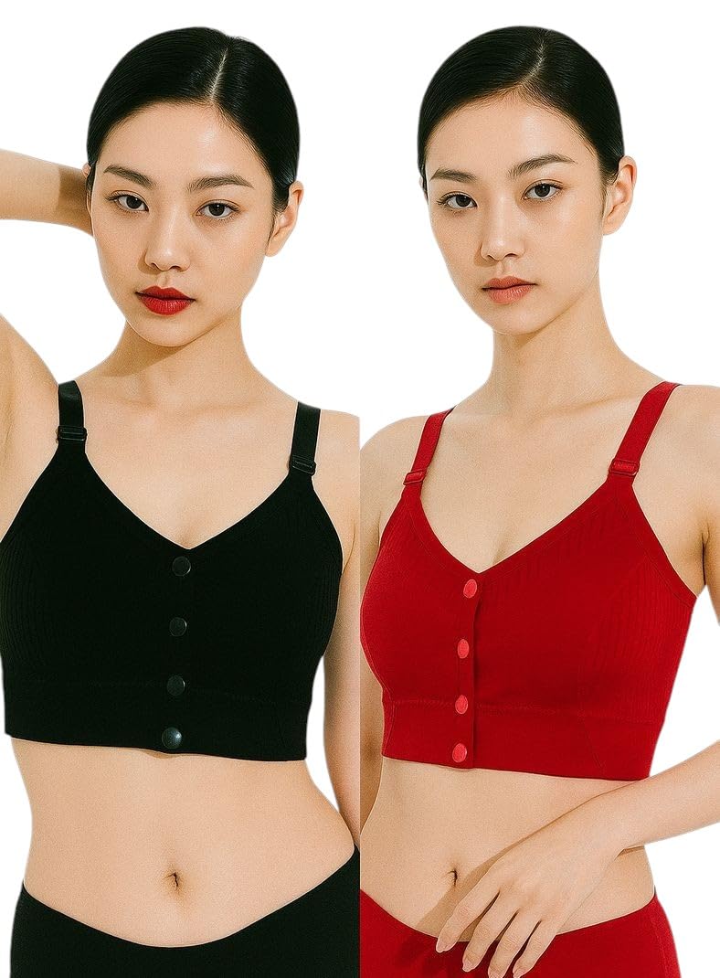 Front Open Feeding Maternity Bra for Women | Button Closure Nursing Bra | Soft Stretch Breastfeeding Bra | Wire-Free Comfortable Bra | Pack 2 Multicolours-image-31