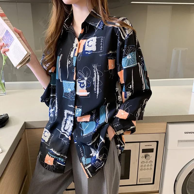 Image of ROYALICA Women's Short Sleeve Drop Shoulder Collared Blouse Button Down Graphic Print Blouse Shirts Top