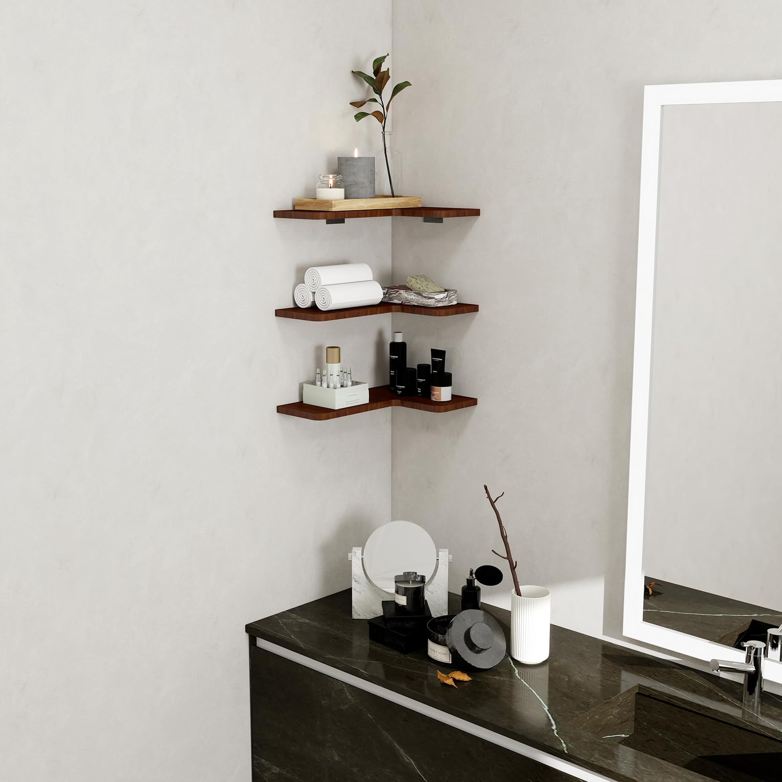 Etagere Angle Flottantes Lot de 3, Imperméable, Anti-Moisissure, Tablette Bois Murale Etagere Rangement en Bois Rustique pour Salon Chambre Bureau Salle de Bains, Cuisine