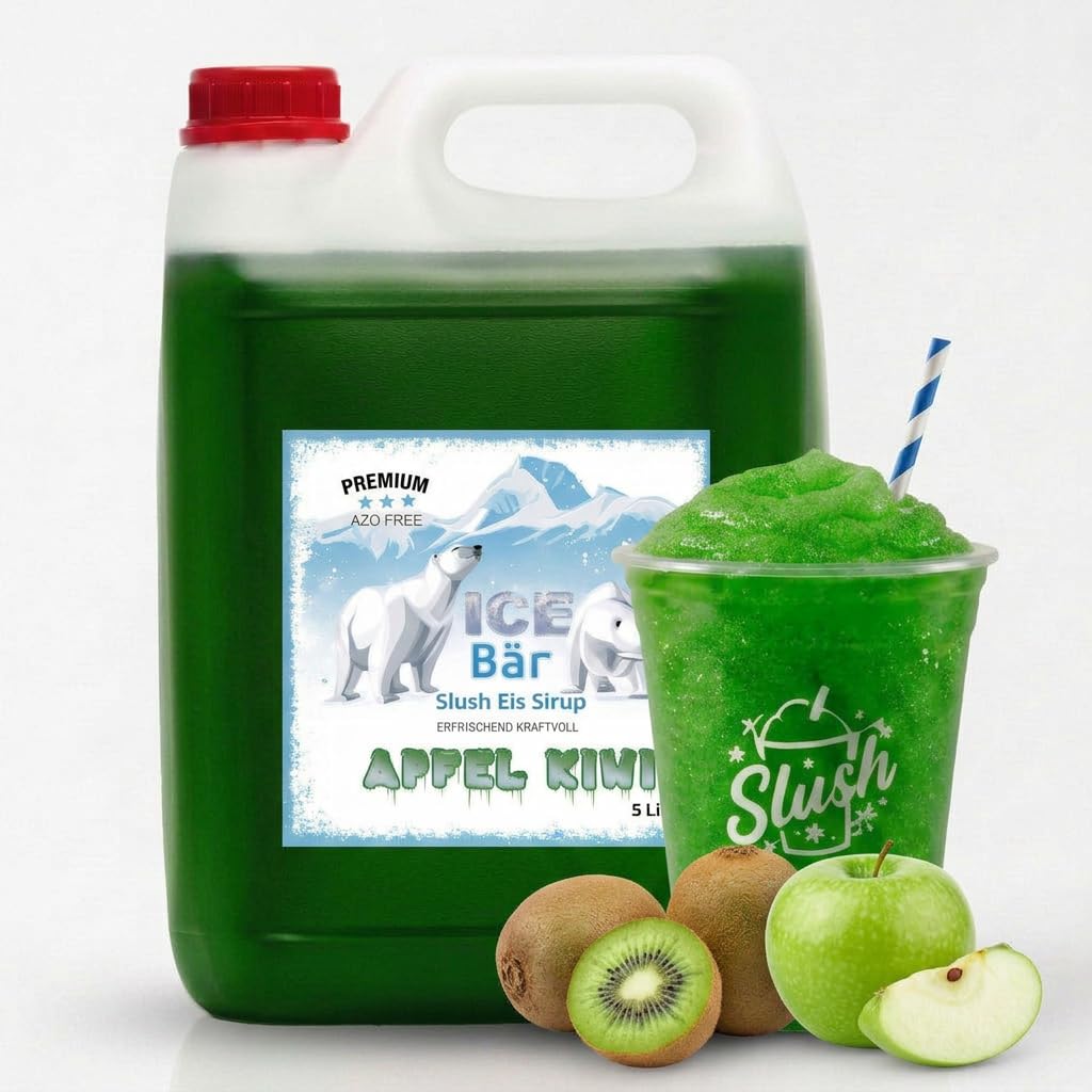 ICE Bär SLUSH Granizado 12 variedades afrutadas, 5 litros de concentrado, Sabor manzana kiwi, granizador de hielo para máquina de hielo de bricolaje 5L (Paquete de 1)