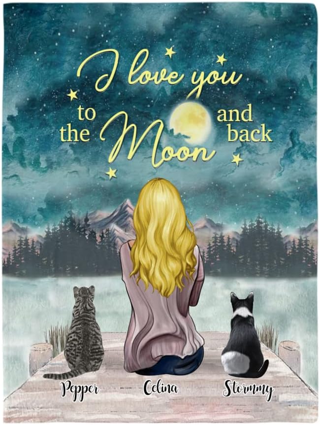 Gossby Personalized Cat Fleece Blanket - Custom Cat Mom Gift with Design, Name, Cat Breed - Birthday, Mothers Day, Christmas Cat Lover Women Gift - I Love You to The Moon and Back - Girl and 2 Cats