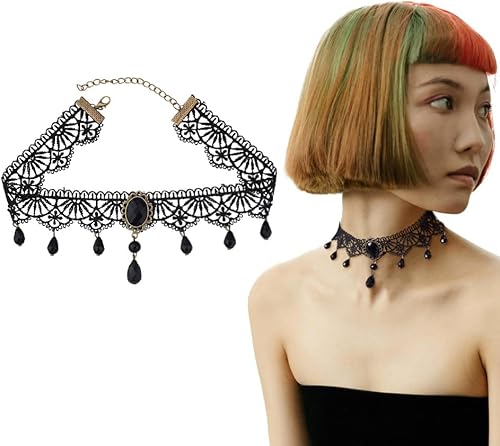 Gargantilla negra para mujer, colgante de flor de cristal, gargantillas gruesas vintage para decoración de disfraces de fiesta de Halloween