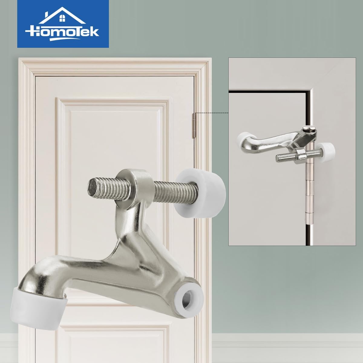 HOMOTEK 1 Pack Hinge Pin Door Stoppers, Hing Door Stops, Adjustable Deluxe Heavy Doorstops for Top of Door, Hinge Stoppers with Black Rubber Bumper Tips, Satin Nickel