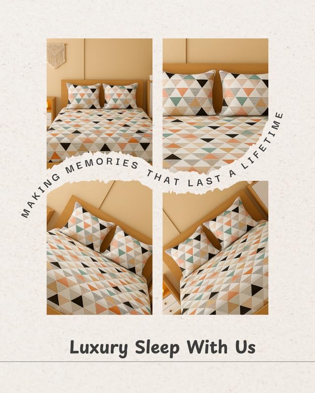 Image of NEW LEAF 320 TC Cotton All Around Elastic Fitted Printed Bedsheets King Size, Premium Fitted Bedsheets King Size for Double Bed with 2 Pillow Covers, Size- 78 inch x 72 inch White Orange