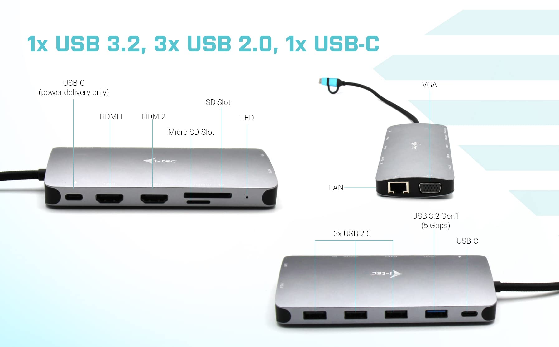 I-TEC USB-C Metal Nano Dock 2xHDMI 1xVGA 1xSD Cardreader 1xmicroSD Cardreader 1xGLAN 3xUSB 2.0 1xUSB 3.2 1xUSB-C3.2Data 1xUSB-C PD