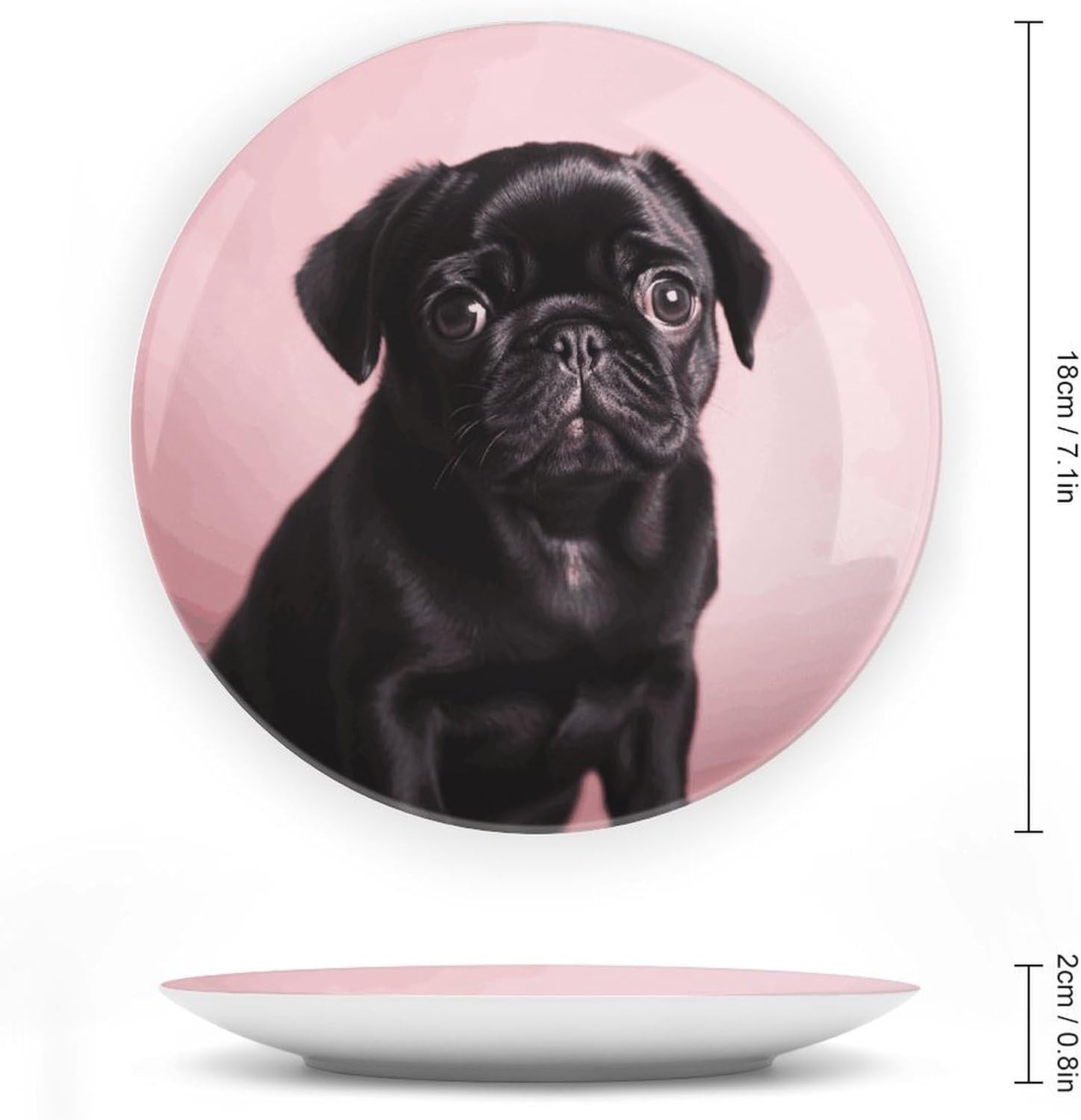 Cute Black Pug Ceramic Plate 10inch Decorative Bone China Wall Hanging Ornament Plates Bohemian Style Dinner Plate with Display Stand Cabinet Display Plates for Home Art Decor