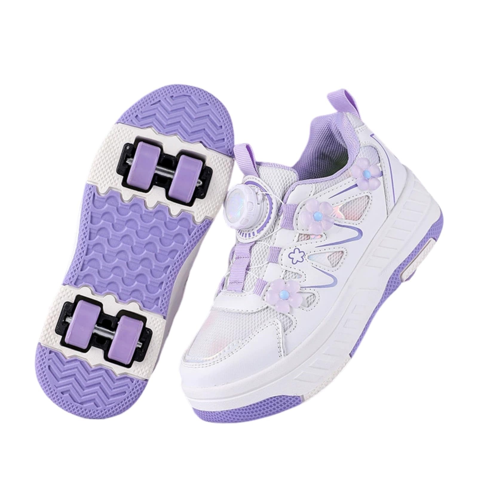 Surwin Zapatillas con 4 Ruedas Niña, Zapatos con Patines para Niñas Zapatos Deportivos de Niños con Ruedas 2 en 1 Hebilla Giratoria Decoración Flor Zapatillas de Skateboard 30-40 EU