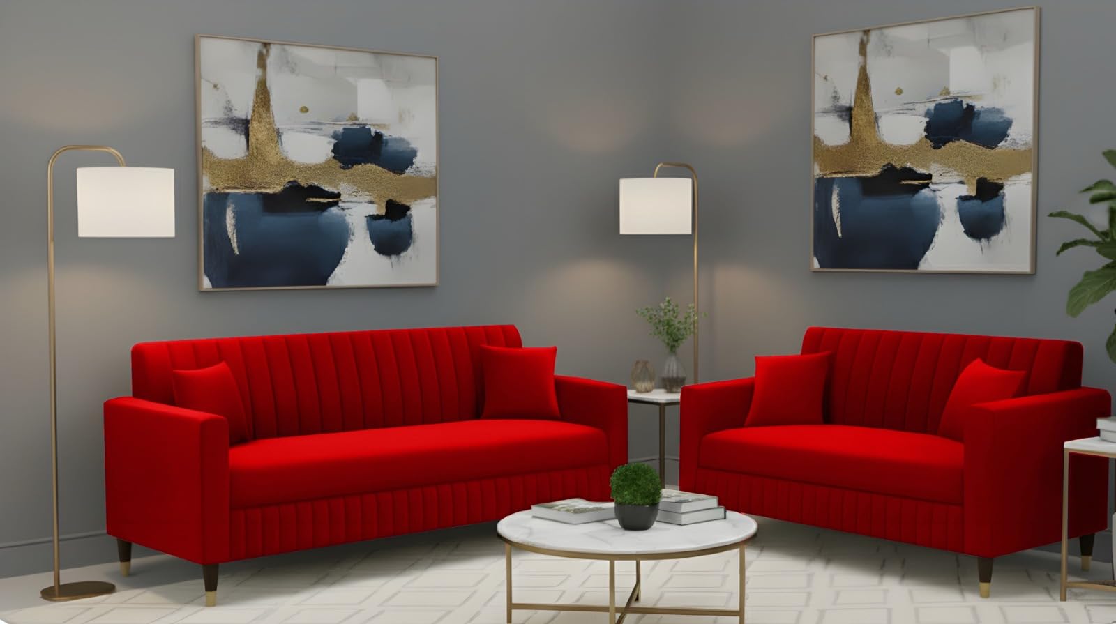 AMATA Omega 3+2 Seater Suede Velvet Fabric Sofa Set with Two Cushions Perfect for Home Office Guests Living Room (06 red, Omega 3+2 Seater Sofa)(3 Year Warranty)