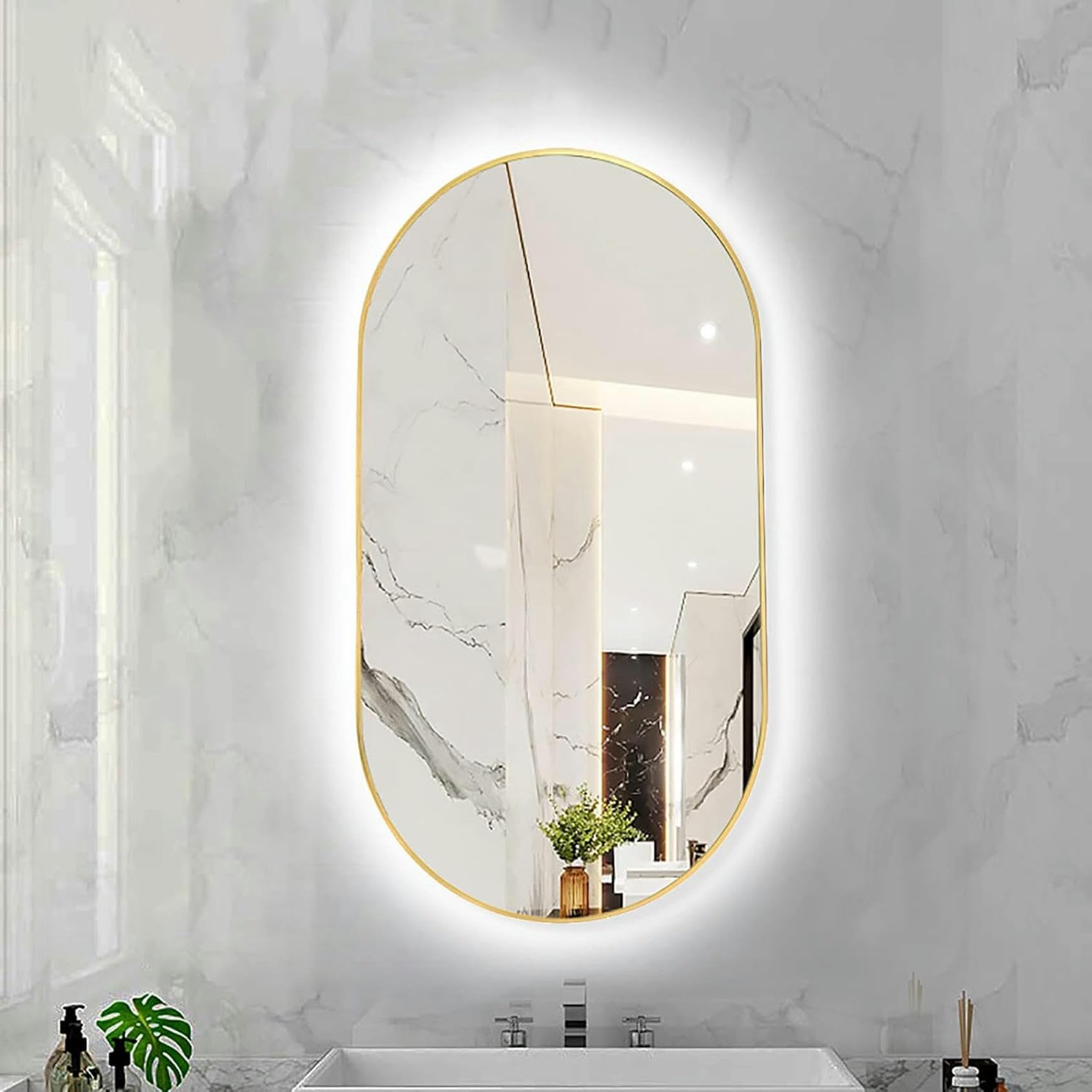 Miroir de bain ovale LED rétro-éclairé avec cadre noir en métal