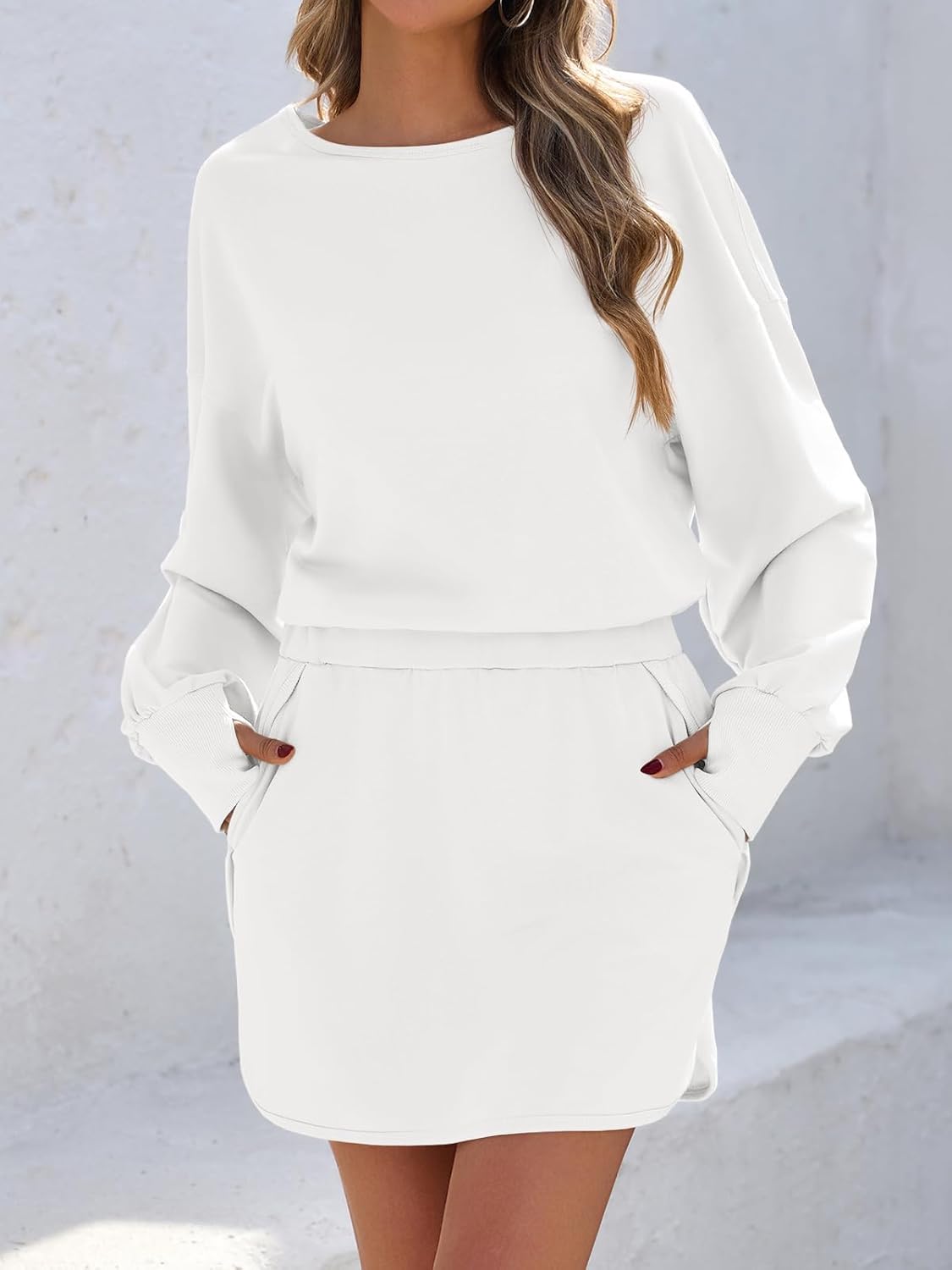 Fisoew Womens Long Sleeve Athletic Dress Backless Keyhole Built-in Shorts Oversized Workout Active Skort Dresses White - Image 3