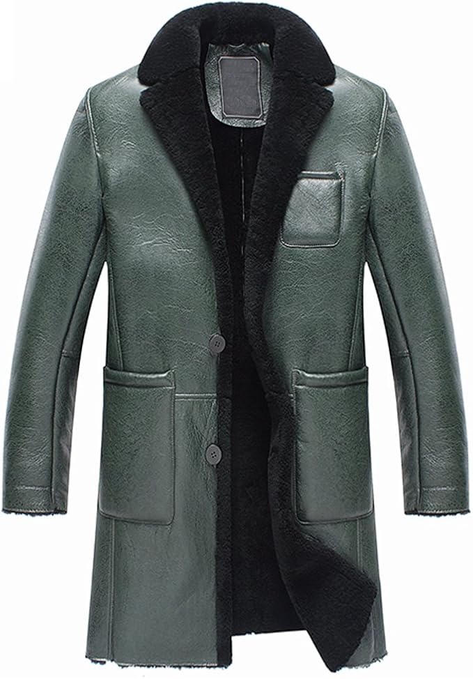 Amazon ダークグリーンロングセクション プレミアムムートン羊毛革 メンズ ロングpコート 豪華 ビジネスエリート コート ジャケット 通販