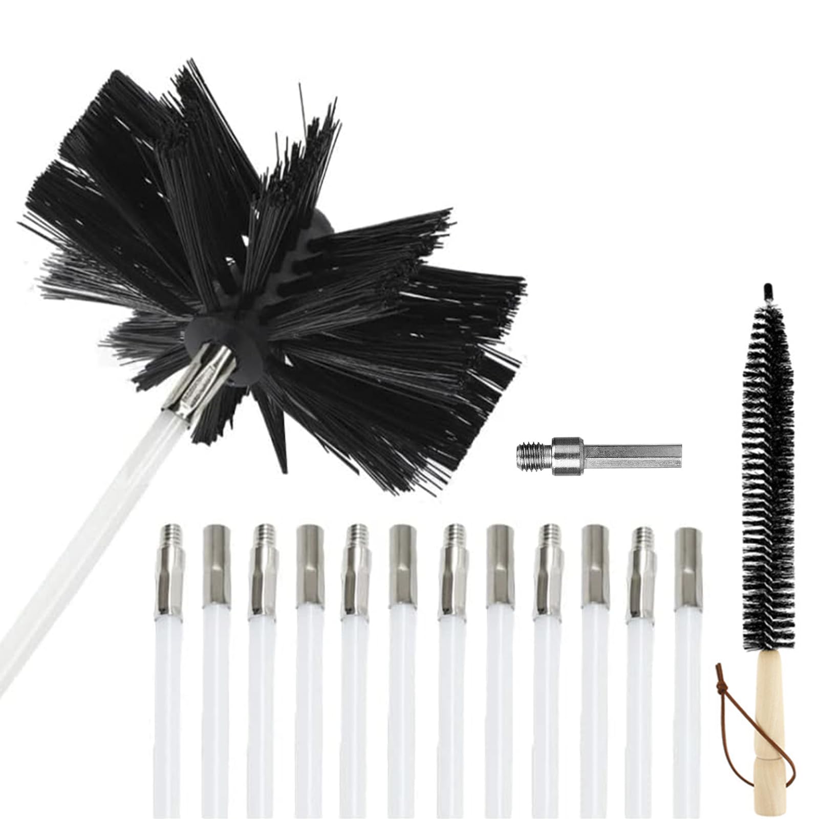 Kit Spazzacamino da 7.3M, Spazzola Pulizia Camino con 12 Aste Flessibili, Una Testina in Nylon e 1 Pennello a Mano, Kit di Pennello per Pulizia per Camino, Asciugatrice, Sfiato