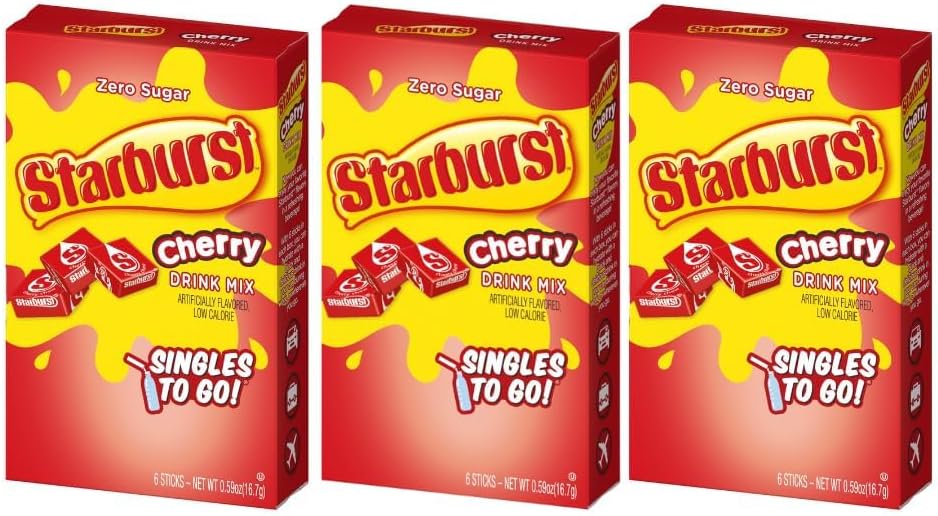 SINGLES TO GO! Starburst Go Powdered Drink Mix, Cherry, 3 Boxes with 6 Packets Each - 18 tal Servings, Sugar-Free Drink Powder, Just Add Water, 6 count (Pack of 3)