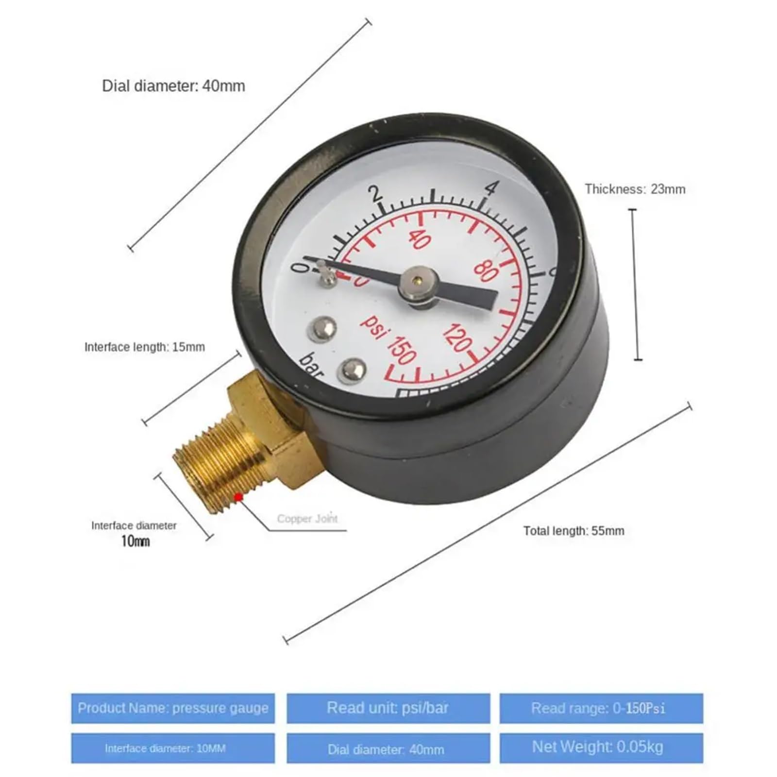 Manómetro Medidor de presión de gas con interfaz roscada de 1/8 de pulgada for bomba de aire Filtro separador de agua y aceite Accesorios for herramientas neumáticas