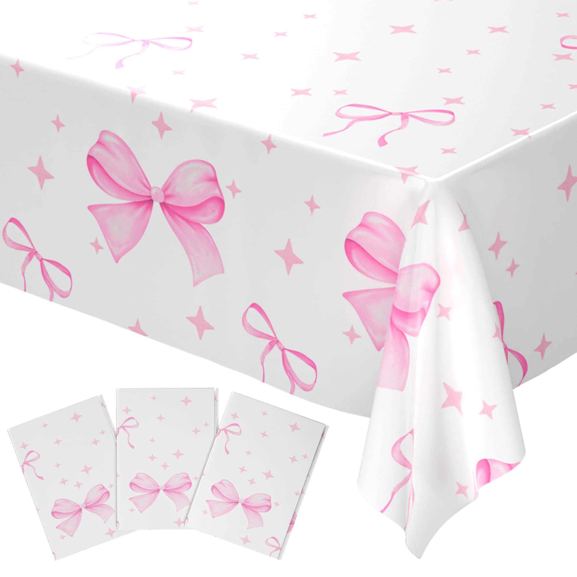Blue Orchards Coquette Party Table Covers (Pack of 3) - 108"x54" XL – Pink Bow Tablecloths, Bow &amp; Coquette Themed Party Decorations, Gender Reveal Backdrop, Bridal and Baby Shower &amp; Wedding Decor
