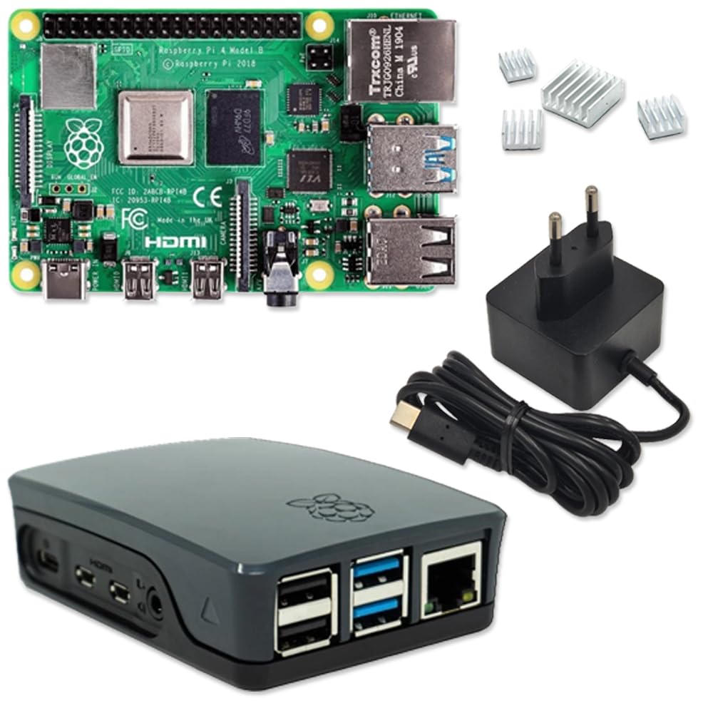 Raspberry Pi 4 4GB Starter-Kit schwarz | 5V 3A USB-C Netzteil | Gehäuse | Kühlkörper | Raspberry Pi 4 Model B 4 GB RAM
