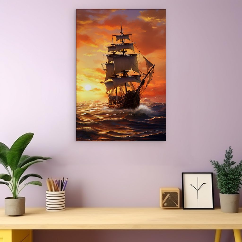 Canvas for Living room. Sailing Into the Sunset: A Voyage Through Turbulent Seas and Serene Skies, 27 x 18 inch Canvas Wall Art - Contemporary Masterpieces - Modern Home Decor