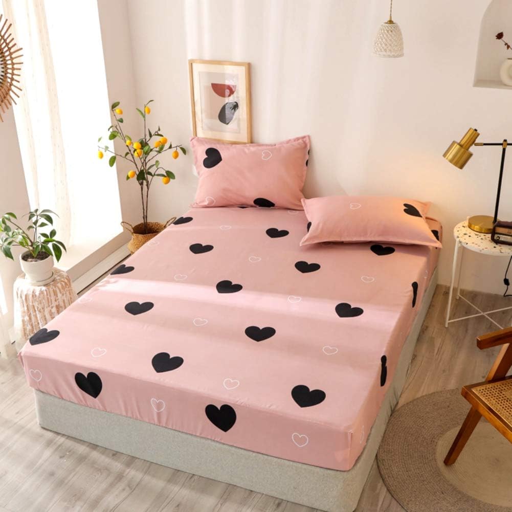 Girls Cute Heart Pattern Fitted Sheet for Kids Queen Size Lovely Pink Black Bedroom Decor Bed Sheet Set Girly Cartoon Love Geometric Bedding Set Children Modern Design Bed Cover with 2 Pillow Case