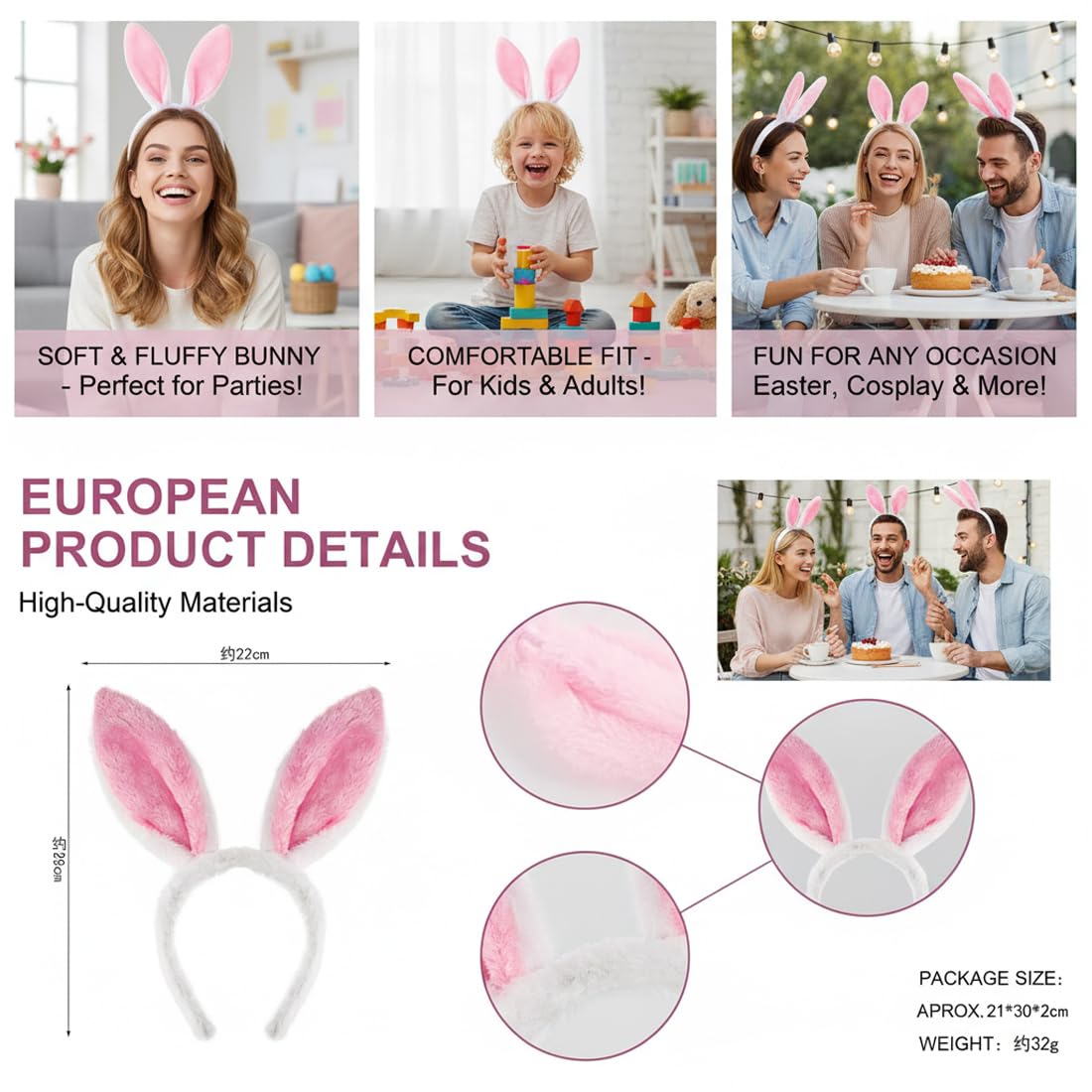 Serre-tête Lapin, Accessoire de Pâques, Déguisement de Carnaval pour Femmes et Enfants, Idéal pour Fêtes, Célébrations de Pâques, Spectacles et Photos de Famille Festives