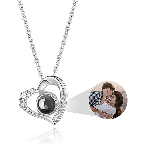 Easycosy Personalized Picture Necklace Projection Necklace with Photo Inside - Custom Photo Heart Pendant Necklace - Photo Gifts Christmas Birthday Love Memorial Gifts for Girlfriend Wife Women