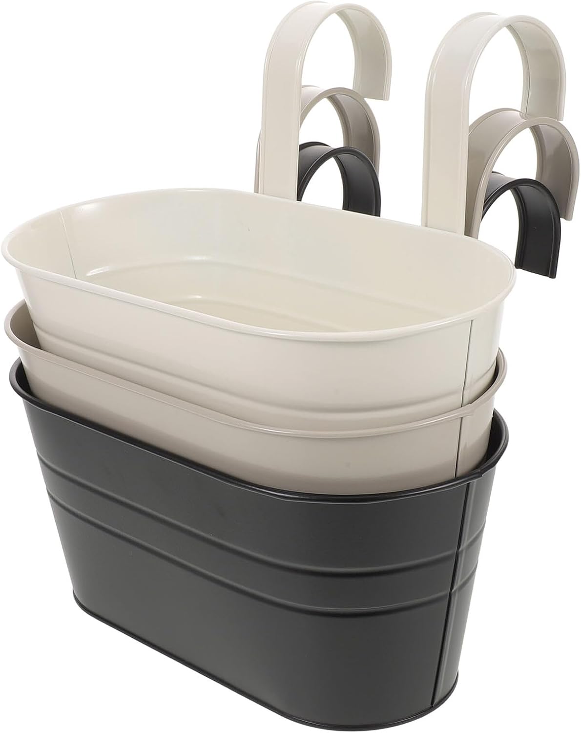 TIDTALEO 3pcs Iron Hanging Flower Basket Planters for Balcony Railing with Drainage Holes and Detachable Hooks Oval Metal Flower Pots for Outdoor Garden Decor