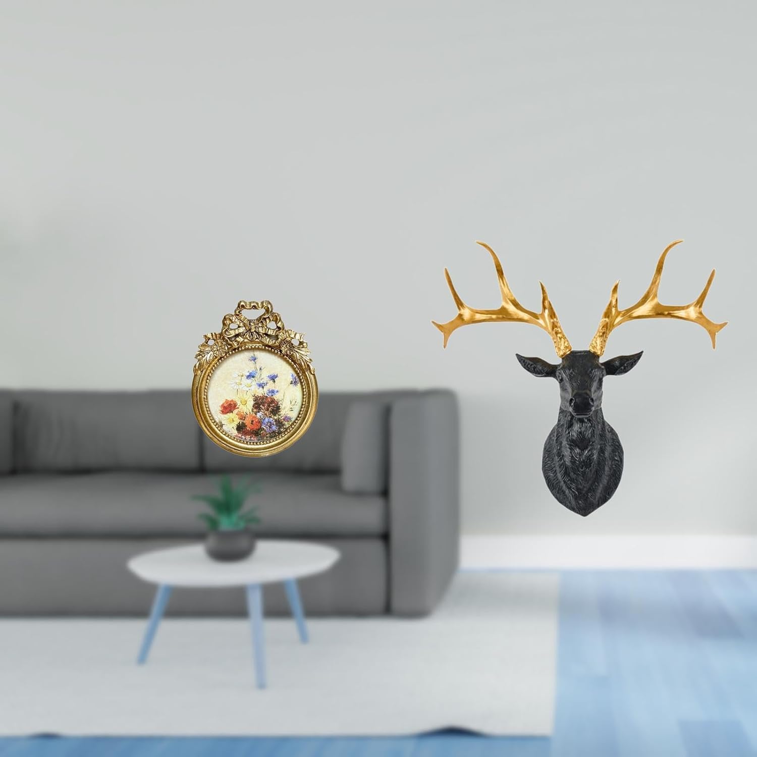 Antique Photo Frame Vintage Picture Frame Round Ornate European Desktop Wall Display Frame Wedding Gift Ideas Deer Head Sculpture Resin Collectible Bo