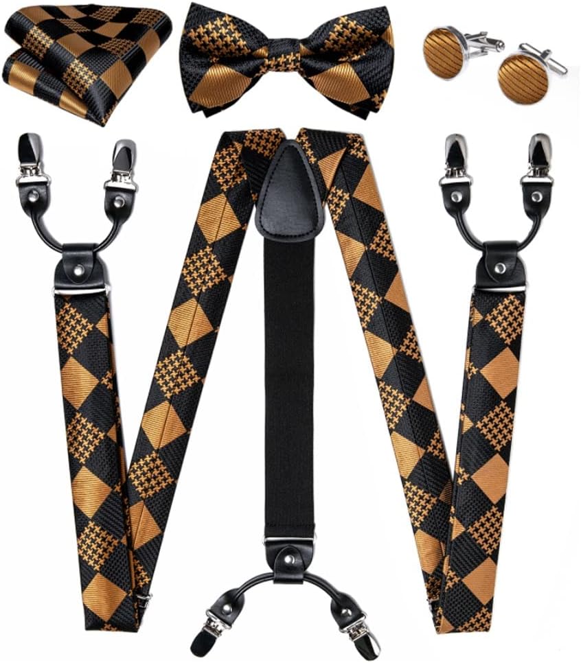 Suspenders For Men Leather 6 Clips Braces Trousers Strap Y Back Elastic Silk Suspender Bow Tie Set Men's Gift