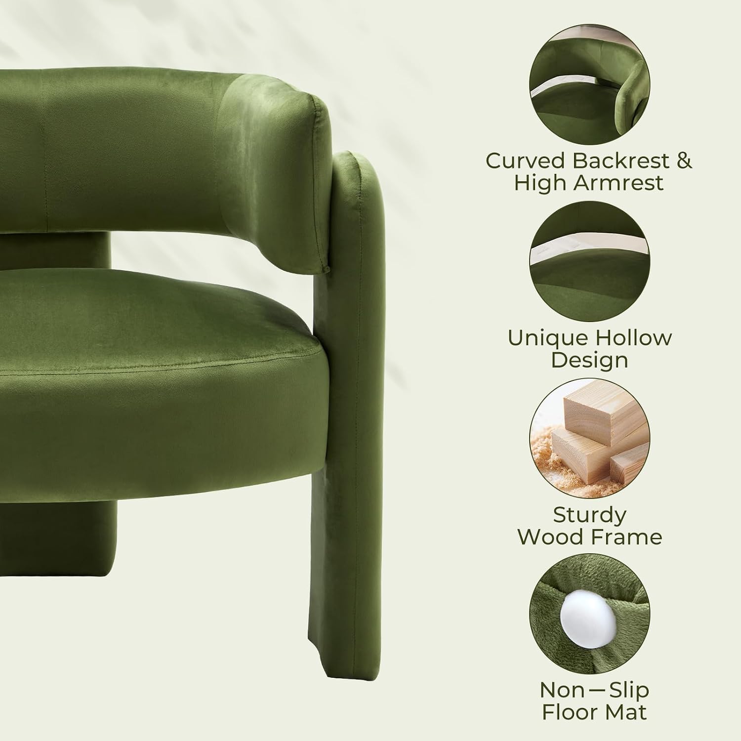 Barrel Accent Chairs Set of 2, Mid Century Modern Upholstered Living Room Chairs with Wooden Legs, Comfy Velvet Reading Arm Chair for Bedroom, Makeup Room, Green