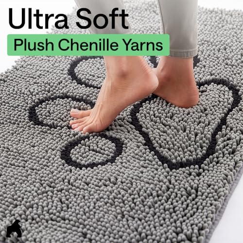 Image of GORILLA GRIP SoakSTOPPER Dog Door Mat, 30x20 Machine Washable Rug Absorbent Doormat Captures Moisture Mud Dirt, Quick Dry Soft Chenille Entryway Rugs Indoor Entrance Mats for Dog Paws, Paw Grey
