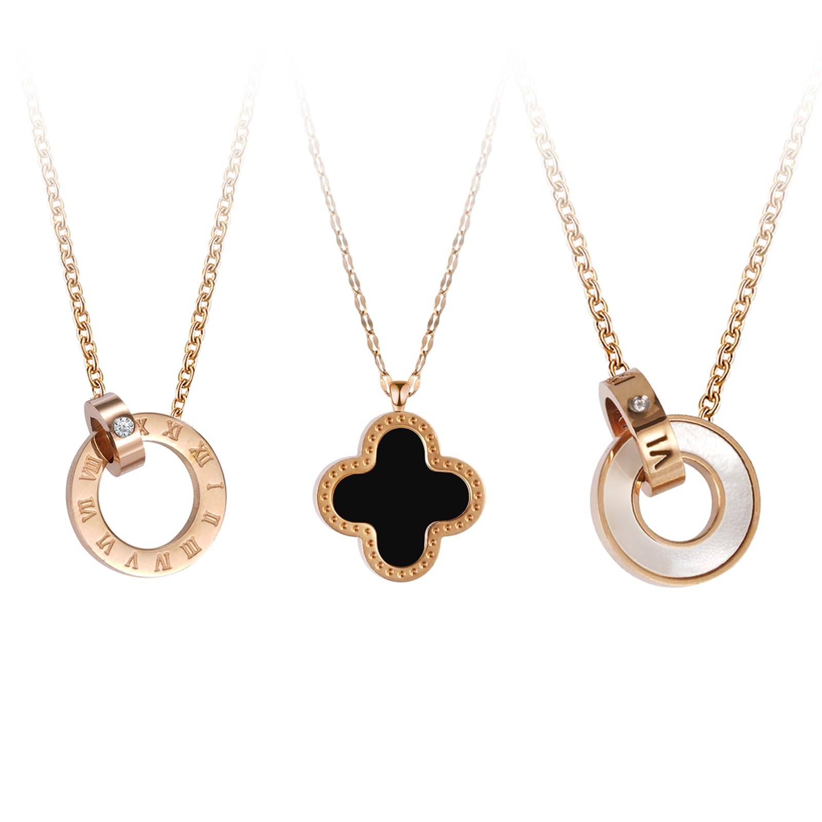 JIANGMOON Stylish Double Link Necklace with Interlocking Roman Numerals and Elegant Clover Shell Style - Durable 14K Gold Plated Stainless Steel - Elegant Fine Jewelry Gift