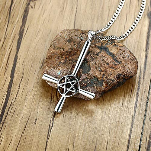 Pendentif Croix inversée pentacle en argent massif ciselé à la main - 2