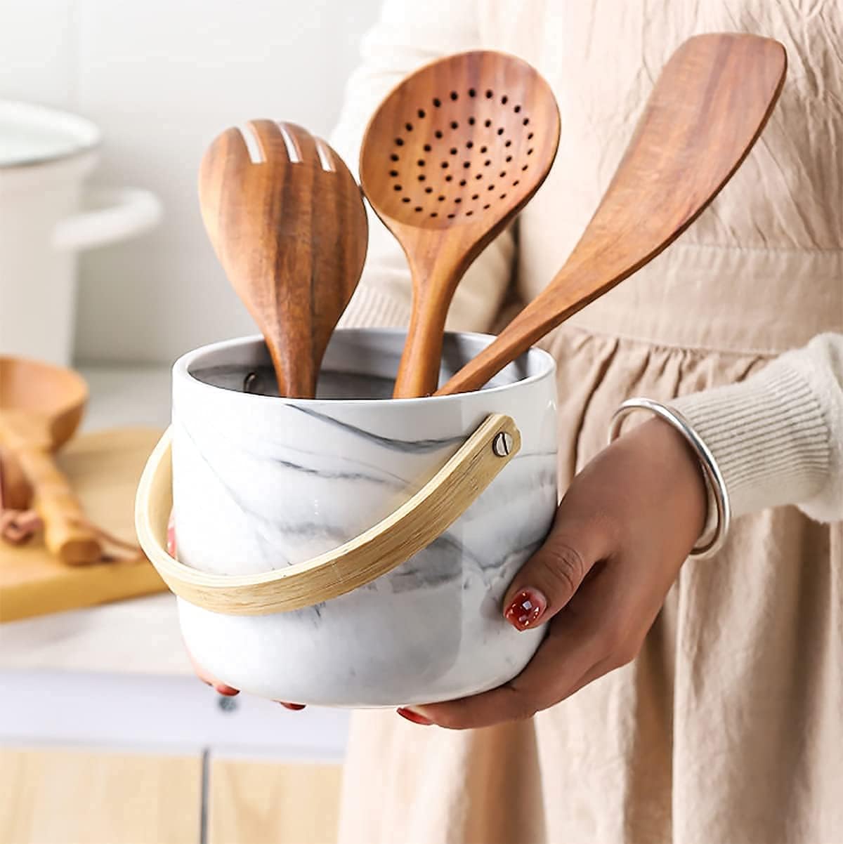 Kitchen Ceramic Utensil Holder Larger Capacity Ceramic Utensil Crock for Kitchen Countertop & Dining Table (with Wooden Handle, 5.5"×5.5"×"4.7") : Home & Kitchen
