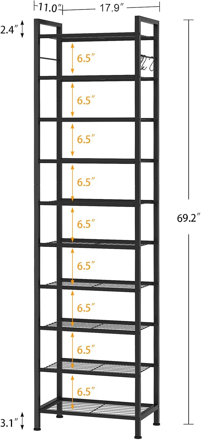 usikey 10 Tiers Narrow Shoe Rack 20-30 Pairs, Sturdy Metal Tall Shoe Rack Shelf with 4 Hooks, Slim Shoe Storage with Metal Shelf, Space Saving Vertical Shoe Organizer for Entryway Black UNYXJX018H