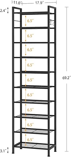 Vista 3 de usikey Zapatero de 10 niveles estrecho 20-30 pares, estante de zapatos alto y resistente de metal con 4 ganchos, almacenamiento delgado de zapatos