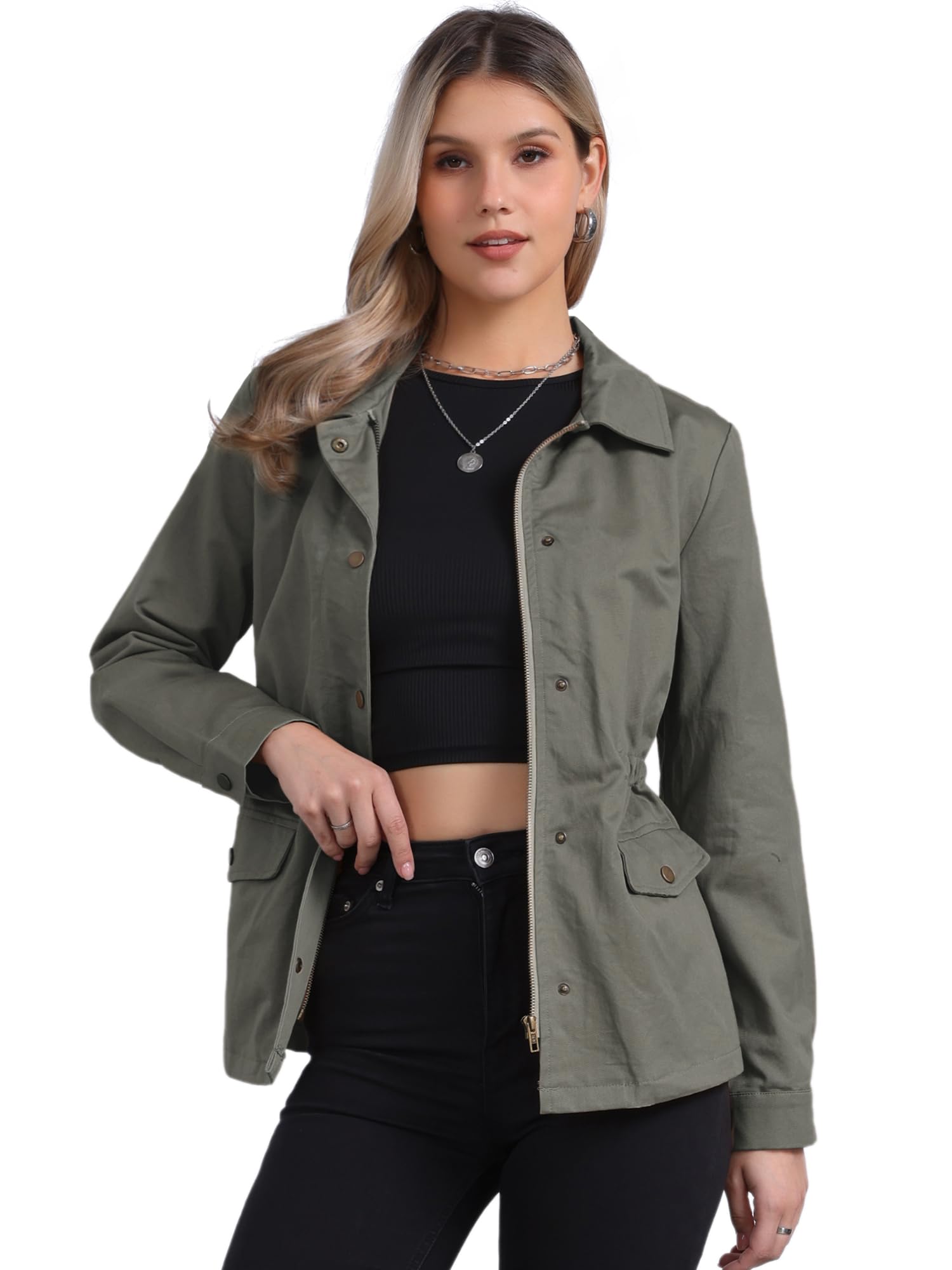 Allegra K Women's Utility Jacket Zip Up Drawstring Waist Snap Buttons Lightweight Anorak Jackets with Pockets