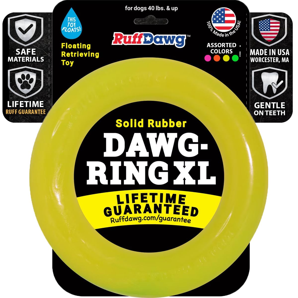 Ruff Dawg Indestructible Dawg-Ring XL 8” Yellow – Heavy-Duty Solid Rubber Tug & Fetch Toy for Dogs 40 lbs & Up – Floats & Bounces – Made in USA