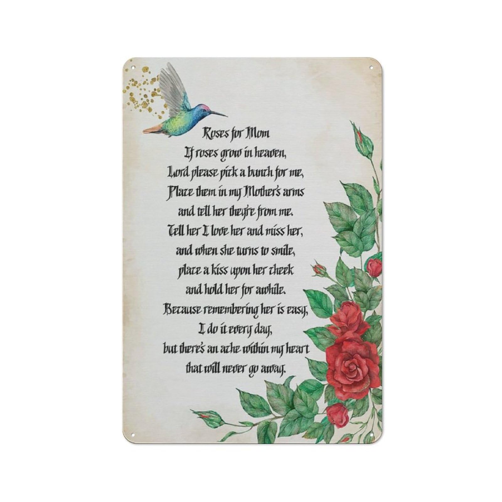Rustic Metal Tin Sign, Rose Flower Mom Gift Wall Art, Mother's Day Bedroom Home Art Decor 12x8 Inch