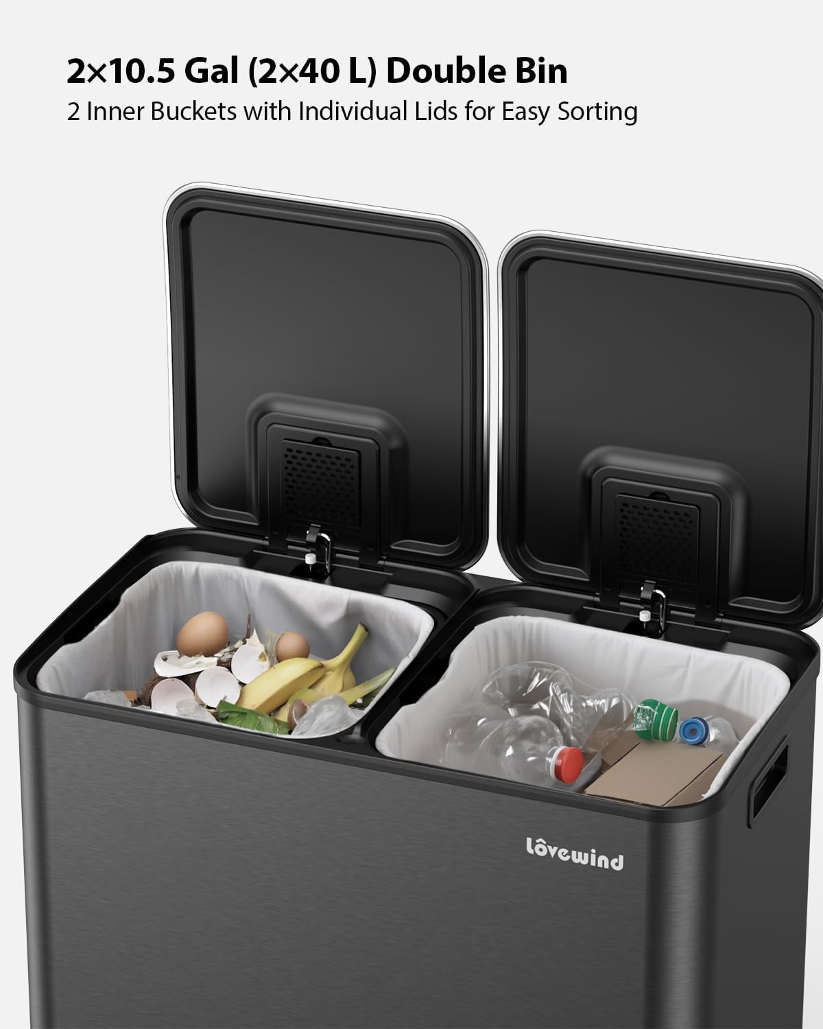 Lovewind Trash Can, 2 x 10.5 Gallon (2 x 40 L) Garbage Can for Kitchen Dual Compartment Recycling Kitchen Step Trash Bin, Stainless Steel Trash and Recycle Bin Combo with Soft-Close Lid, Black - Image 3