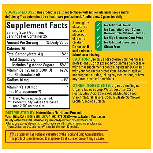 Nature Made Vitamin D3 K2 Gummies, Vitamin D3 5000 Iu Per Serving, Bone, Teeth, Muscle, Immune Health Support, 50 Vitamin D + K2 Gummy Vitamins, 25 Day Supply #TOP5