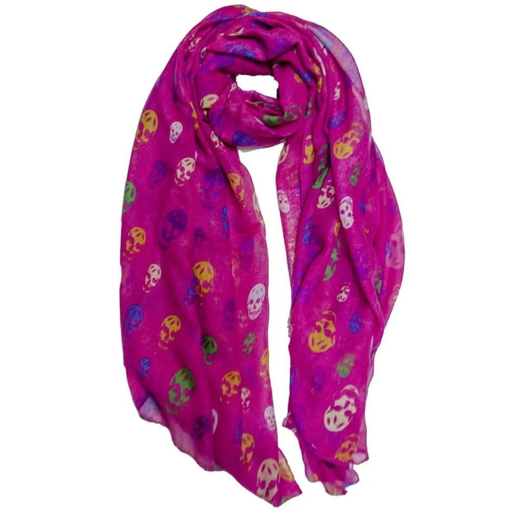 Love Emvy Women's Pink Colourful Skulls Lightweight Scarf – Soft 100% Viscose Wrap – Bright All-Season Accessory For (Pink)