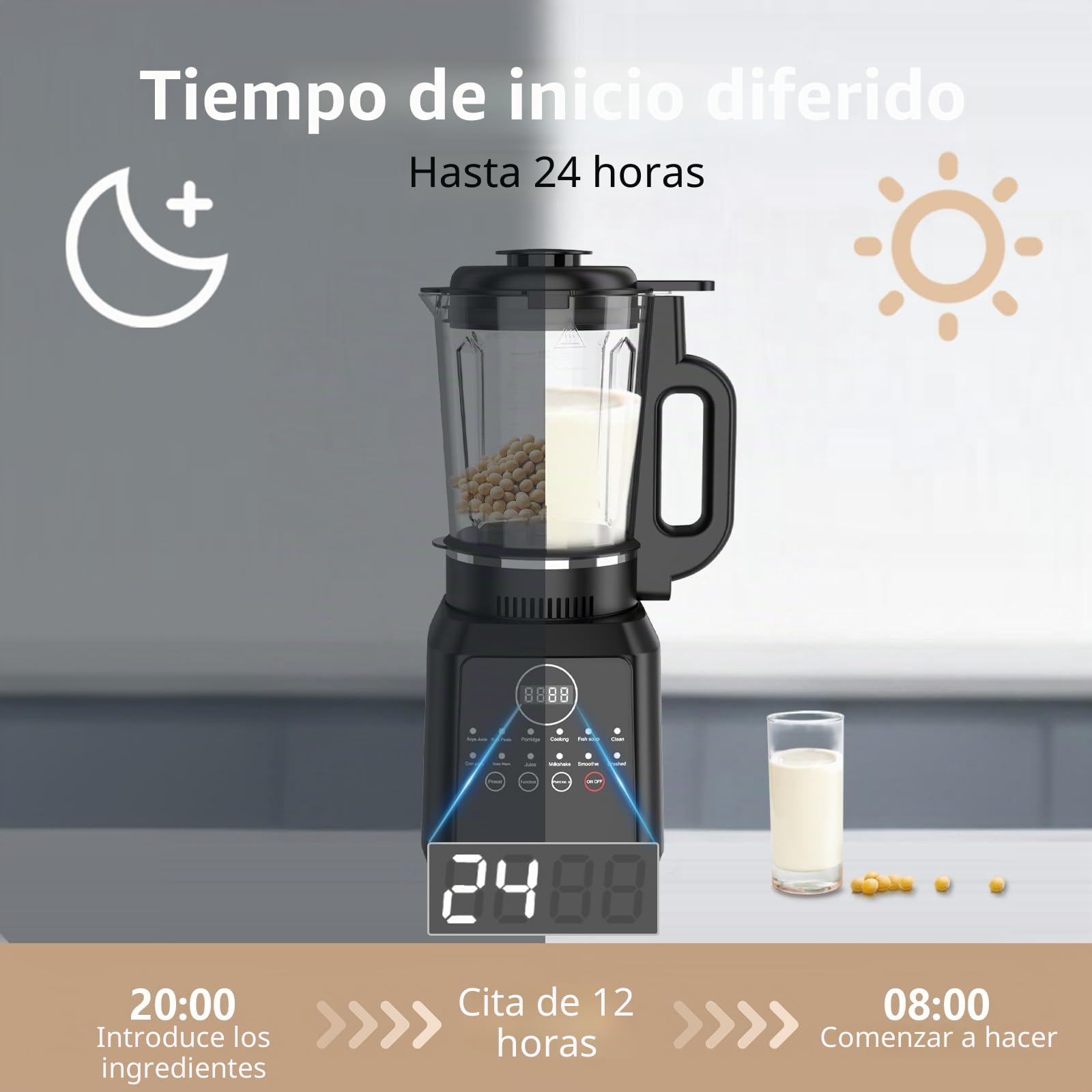 Máquina de Leche Vegetal, 1650ML Máquina Automática de Leche de Nuez, Haz Inteligente 24H, Limpieza Automática, Hoja de Acero Inoxidable de 14 Hojas, Para Avena, Soja, Nueces, Frutas