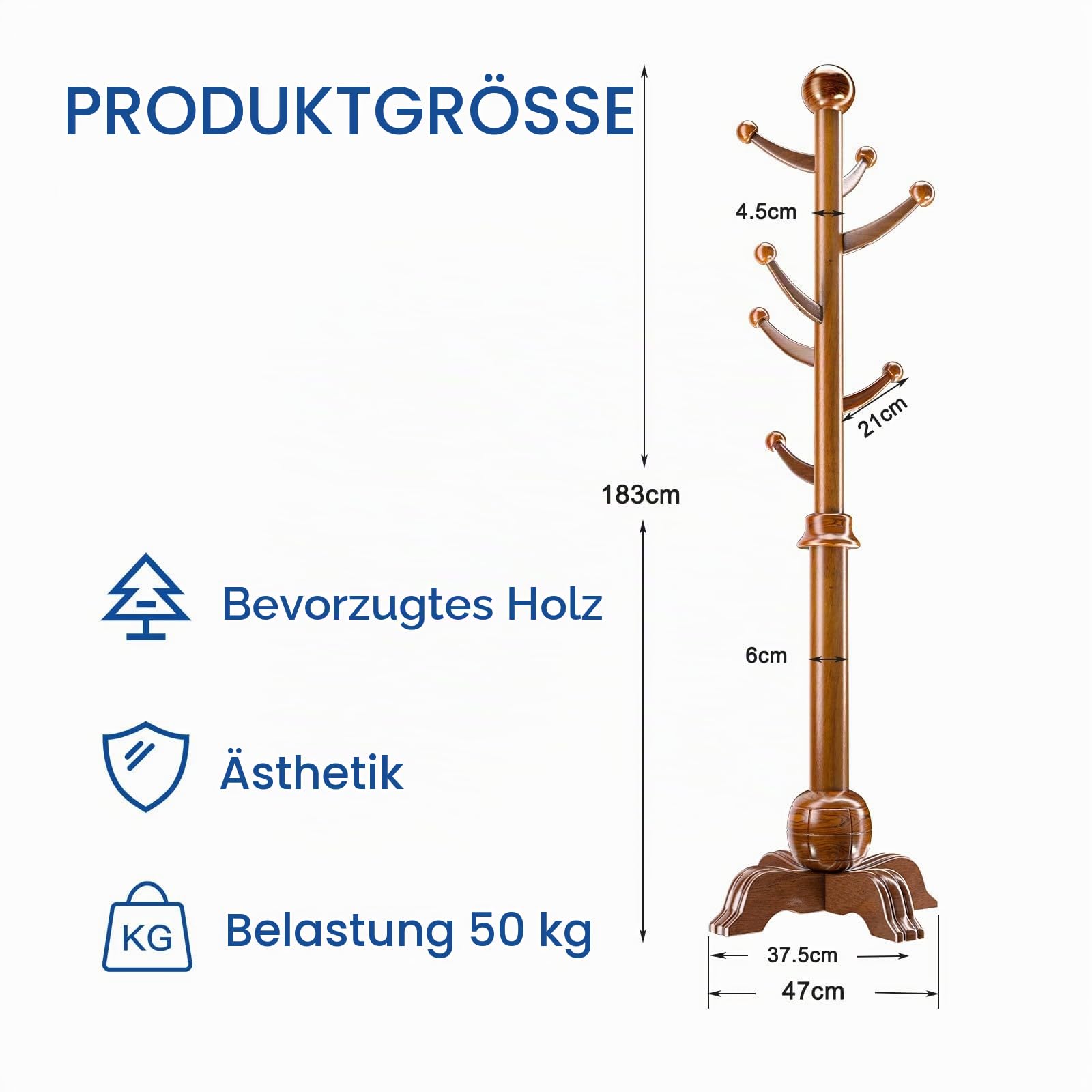 Garderobenständer aus Massivholz mit Vierfüßiges Gestell, Garderobe in Baumform mit 6 CM Dickerer Hauptpol, Jackenständer mit 7 Haken, für Jacken, Mäntel, Taschen, Schals