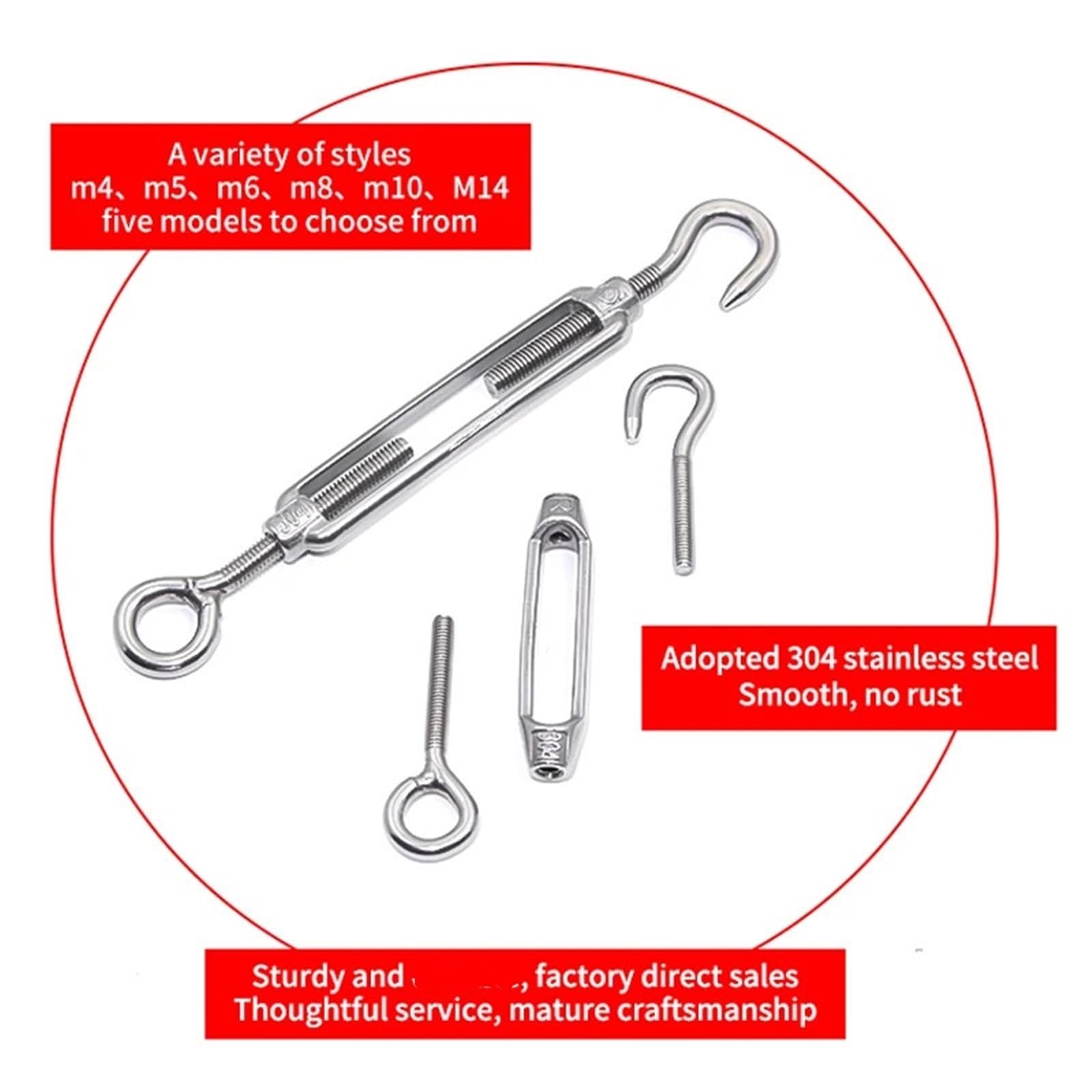 Lot de 5 tendeurs chaîne réglables en Acier Inoxydable 304, M4, M5, M6, M8, M10, Crochets et œillets, tendeur câble métallique Tendeurs(M10)