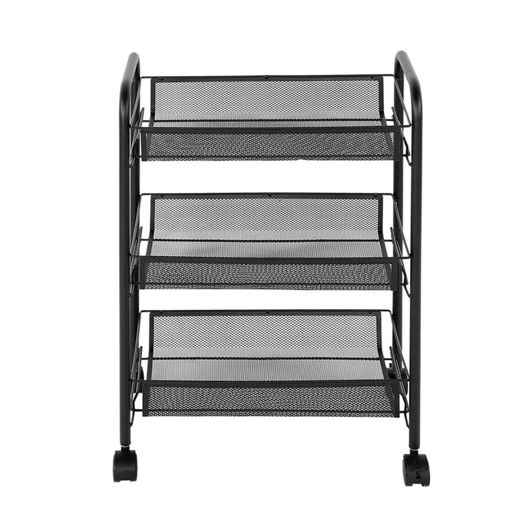 Carrello a 3 Ripiani in Rete con Ruote, in Metallo, Ideale per Cucina, Salone di Parrucchiere, Soggiorno e Bagno, Colore Nero.