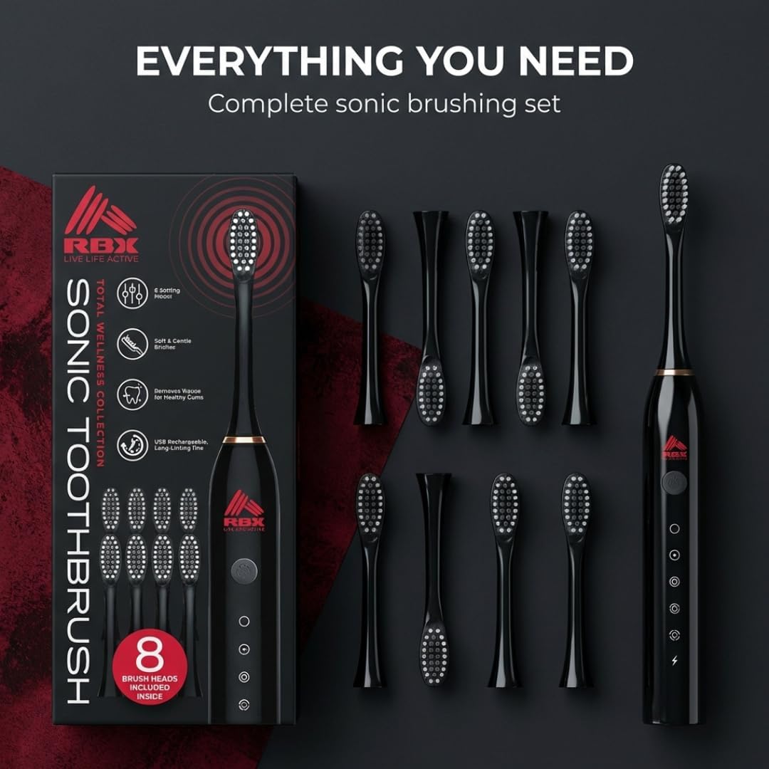 RBX Sonic Electric Toothbrush - Rechargeable Electric Toothbrush with 8 Brush Heads, Compact Travel Toothbrush, Ergonomic Handle, 6 Settings